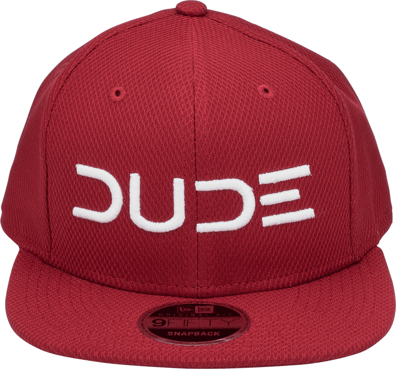 Front view of the Crimson & White, Mesh Snapback hat with DUDE logo