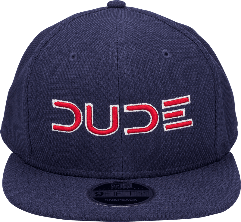 Front view of the Navy & Red, Mesh Snapback, a navy hat with a red DUDE logo