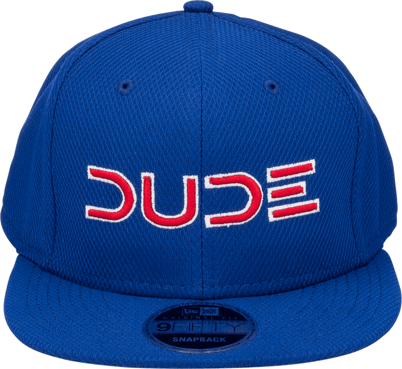 Front view of the Royal & Red, Mesh Snapback, a blue hat with a red DUDE logo