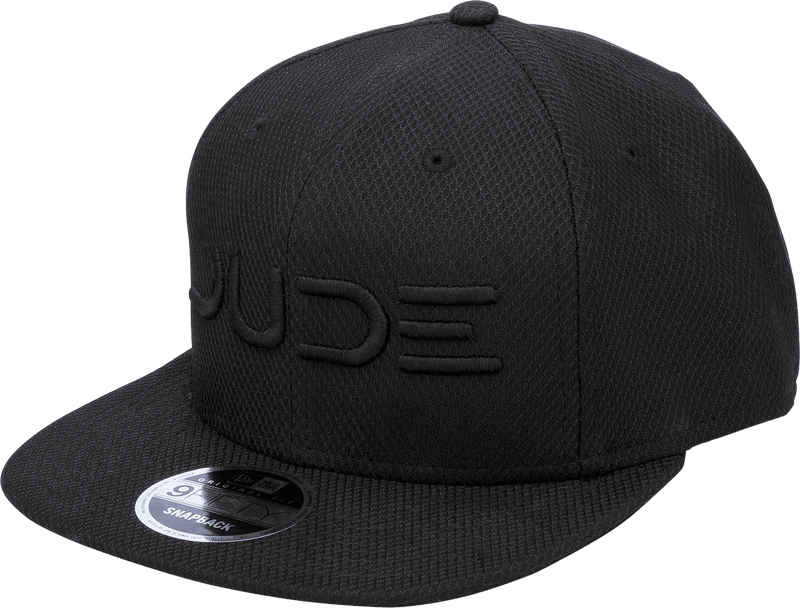 Side view fo the Black On Black, Mesh Snapback with DUDE Logo