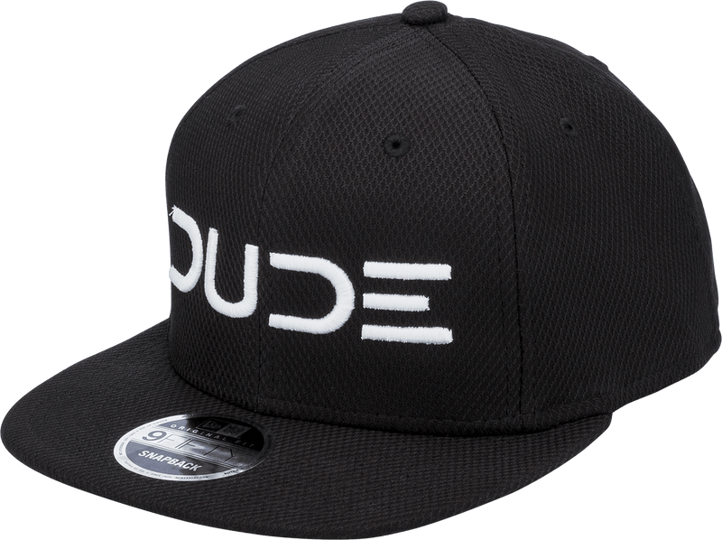 Side view of the Black & White, Mesh Snapback with DUDE logo