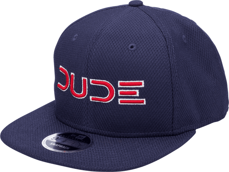 Side view of the Navy & Red, Mesh Snapback, a navy hat with a red DUDE logo
