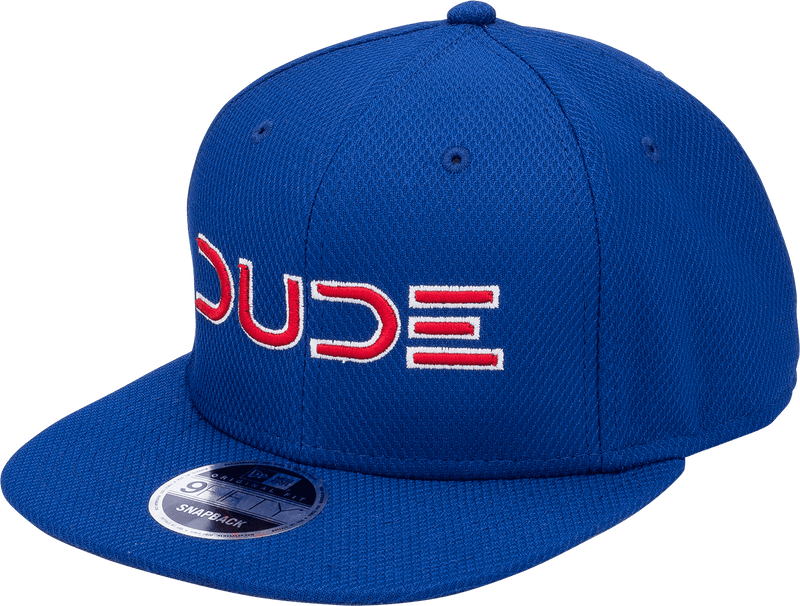 Side view of the Royal & Red, Mesh Snapback, a blue hat with a red DUDE logo
