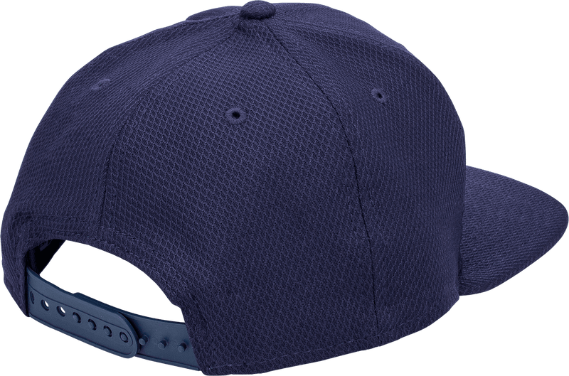 Back view of the Navy & Red, Mesh Snapback, a navy hat with a red DUDE logo