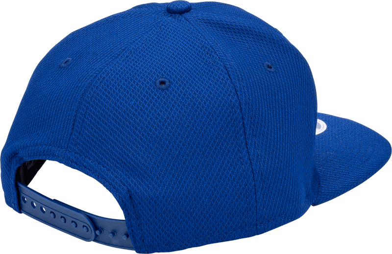 Back view of the Royal & Red, Mesh Snapback, a blue hat with a red DUDE logo