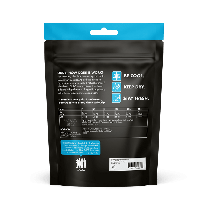 Back of the packaging of the DUDE Underwear 2-pack. Tagline: Be cool, keep dry, stay fresh