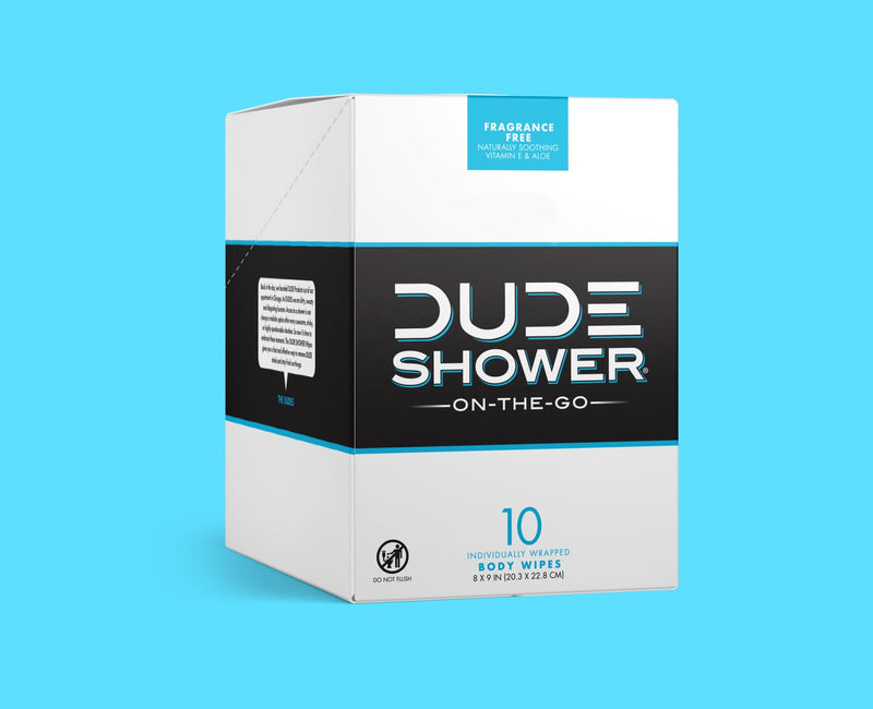 DUDE Shower On-The-Go Fragrance Free box of 10 individually wrapped body wipes